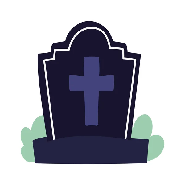Felice Halloween, pietra tombale nera con croce ed erba, dolcetto o scherzetto celebrazione — Vettoriale Stock