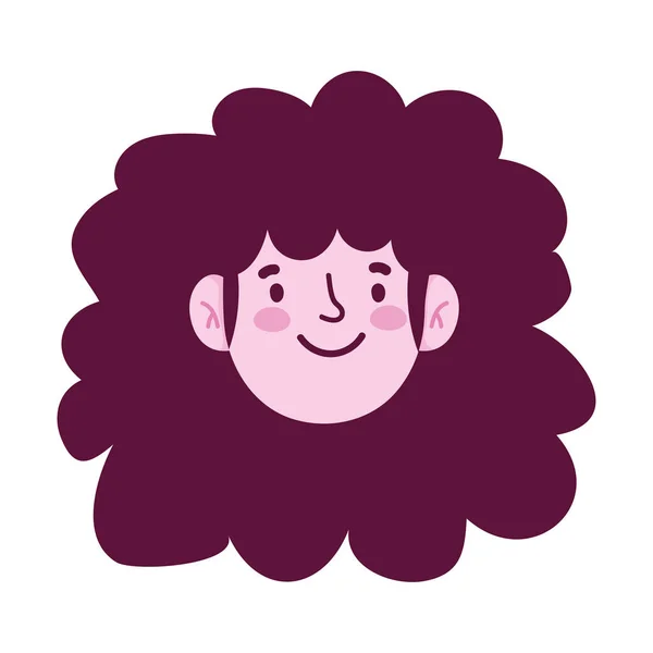 Ung flicka lockigt hår kvinnlig tecknad ansikte isolerad ikon vit bakgrund — Stock vektor