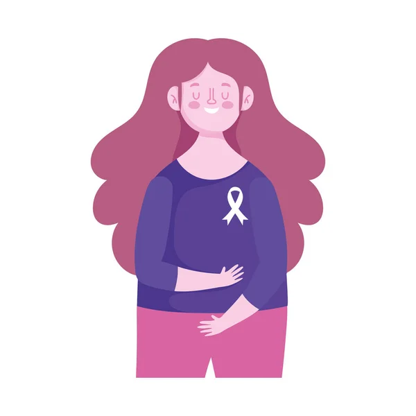 Cáncer de mama mes de conciencia, mujer linda con cinta en la camisa, vector — Vector de stock