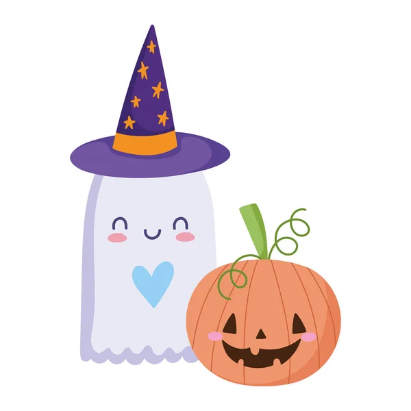 Šťastný Halloween, roztomilý duch s kloboukem a dýně trik nebo léčit party oslavu — Stockový vektor