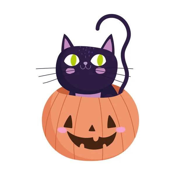 Halloween feliz, gato dentro de truque de abóbora ou celebração tratar —  Vetores de Stock