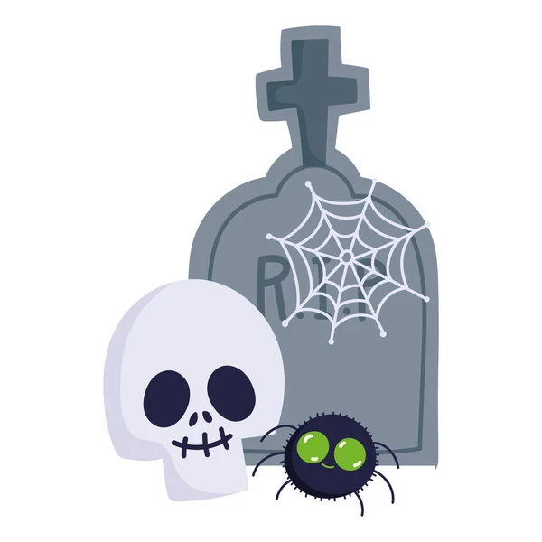 Gelukkig Halloween, schedel spin spinnenweb en grafsteen truc of traktatie feest viering — Stockvector