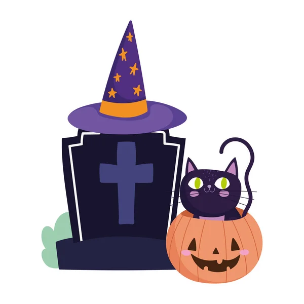 Feliz Dia das Bruxas, gato de lápide no truque de chapéu de abóbora ou festa de deleite — Vetor de Stock