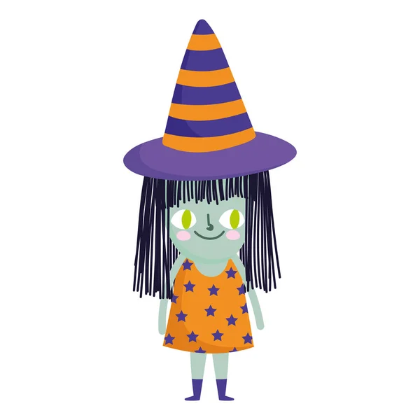 Счастливый Хэллоуин, малыш в костюме парика, трюк или угощение праздником — стоковый вектор