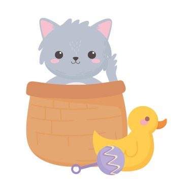 Bebek partisi, sepetteki gri kedi ve ördek çıngırağı, kutlamaya hoş geldin yeni doğan bebek