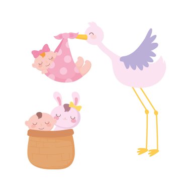 Bebek partisi, leylek, küçük kız ve oğlan ve tavşan sepette, yeni doğan bebeğe hoş geldin.