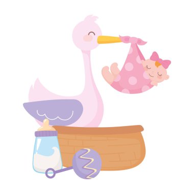 Bebek partisi, leylek ve küçük kız çıngırak ve sepet, yeni doğan bebeğe hoş geldin