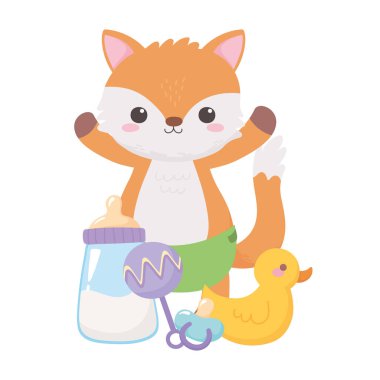 Bebek partisi, küçük tilki çıngırağı ve şişe sütü, kutlama yeni doğan bebeğe hoş geldin