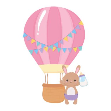 Bebek partisi, balonlu ve balonlu şirin tavşan, yeni doğan bebeği selamla.