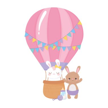 Bebek partisi, hava balonunda şirin tavşanlar, kutlamaya hoş geldin yeni doğan bebek.