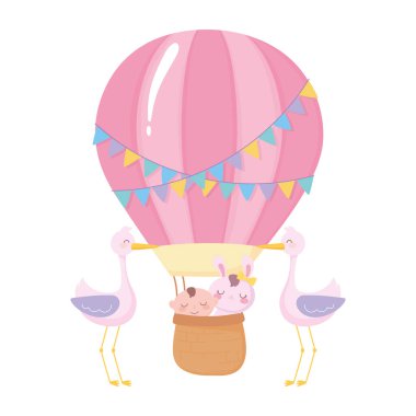 Bebek partisi, küçük oğlan ve tavşan sepette leylekler, yeni doğan bebeğe hoşgeldin