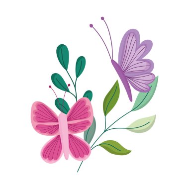 Kelebekler dal süslemesi, izole edilmiş simge beyaz arkaplan bırakır