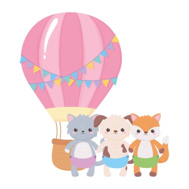 Bebek partisi, şirin hayvanlar hava balonu çizgi filmi, kutlamaya hoş geldin yeni doğan bebek