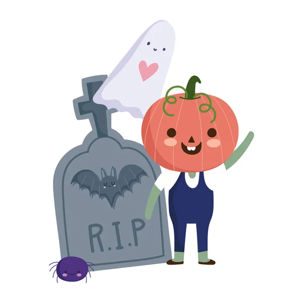 快乐的hallobetween, boy pumpkin costume ghost and tombstone, trick or treat party celebration — 图库矢量图片