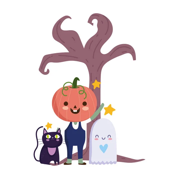 Happy halloween, boy pumpkin costume ghost cat dry tree cartoon, trick or treat party celebration — Stock Vector