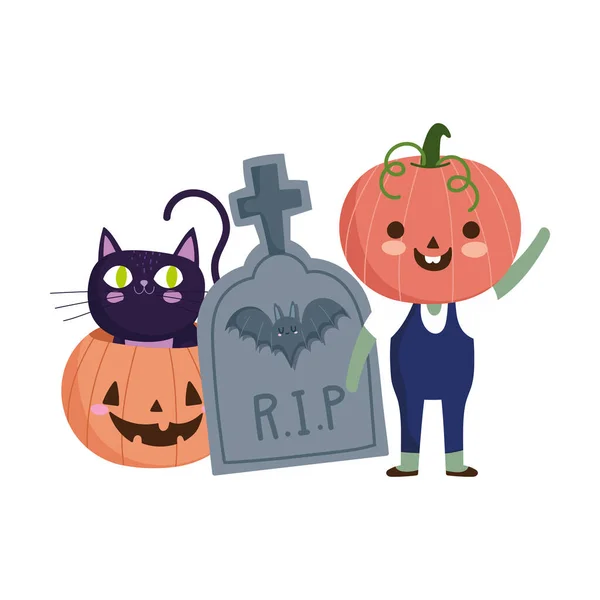 Happy halloween, chlapec s kostýmem kostým dýně náhrobní kámen a kočka trik nebo léčit party oslavu — Stockový vektor