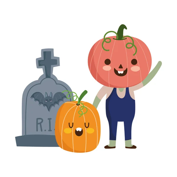 Halloween heureux, garçon avec costume de citrouille et tour de pierre tombale ou traiter fête — Image vectorielle
