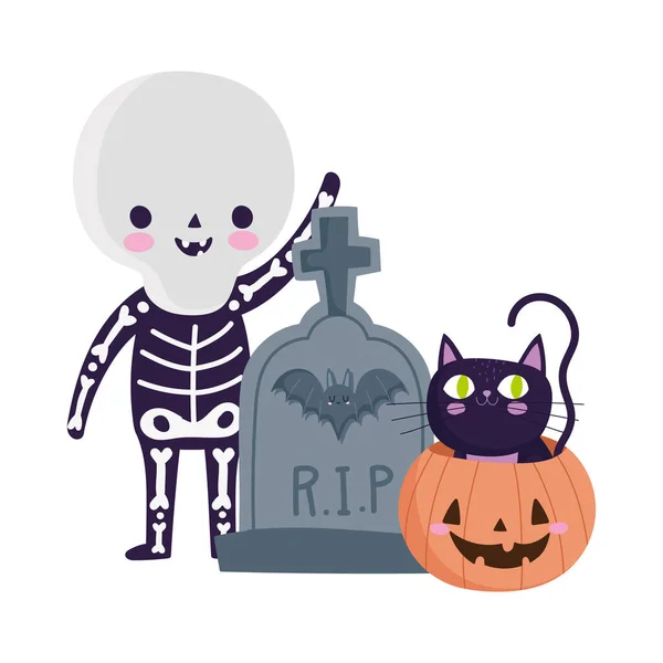 Šťastný Halloween, chlapec kostým kostým náhrobek a kočka uvnitř dýně, koleda party oslava — Stockový vektor