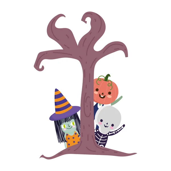 Frohes Halloween, Hexenskelett-Kürbis hinter dem Baumtrick oder Leckerbissen für die Party — Stockvektor