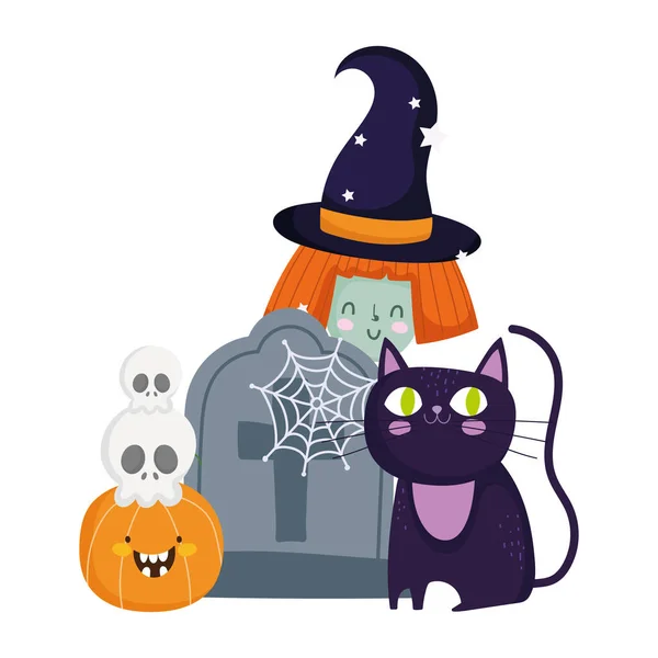 ハッピーハロウィン、魔女猫墓石頭蓋骨やカボチャのトリックやパーティーのお祝いを扱う — ストックベクタ