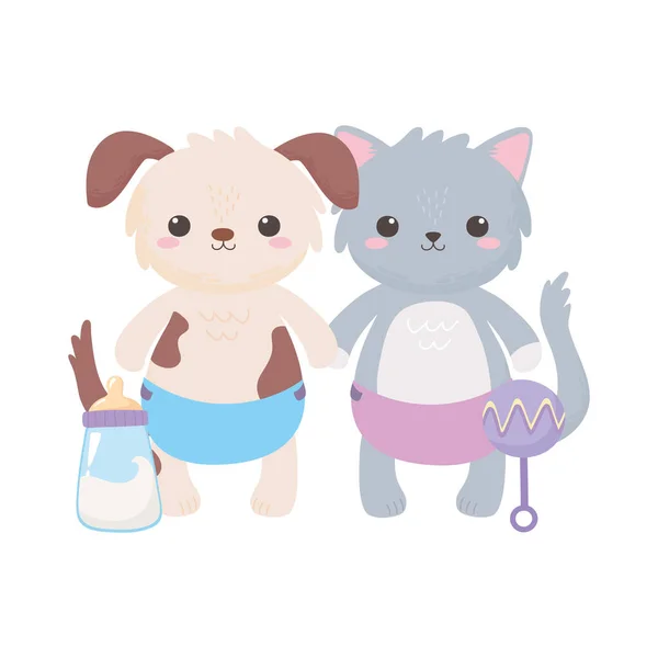 Babydusche, süßer Hund und Katze mit Windelrassel und Luftballon, Begrüßung Neugeborener — Stockvektor