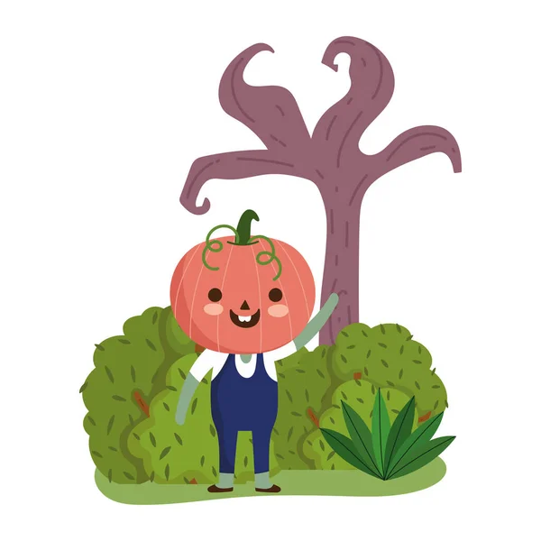 Happy Halloween, Junge mit Kürbiskostümbaumtrick oder Party-Leckerbissen — Stockvektor