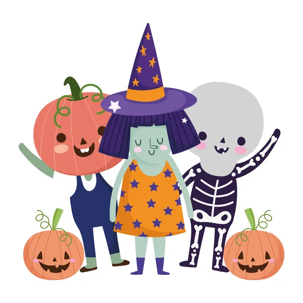 Gelukkig halloween, heks skelet en pompoen kostuums personages truc of traktatie feest viering — Stockvector