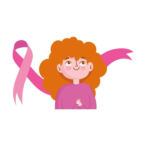 Μήνας ευαισθητοποίησης για τον καρκίνο του μαστού, γυναίκα κορδέλα ροζ εμψυχωτική γελοιογραφία — Διανυσματικό Αρχείο