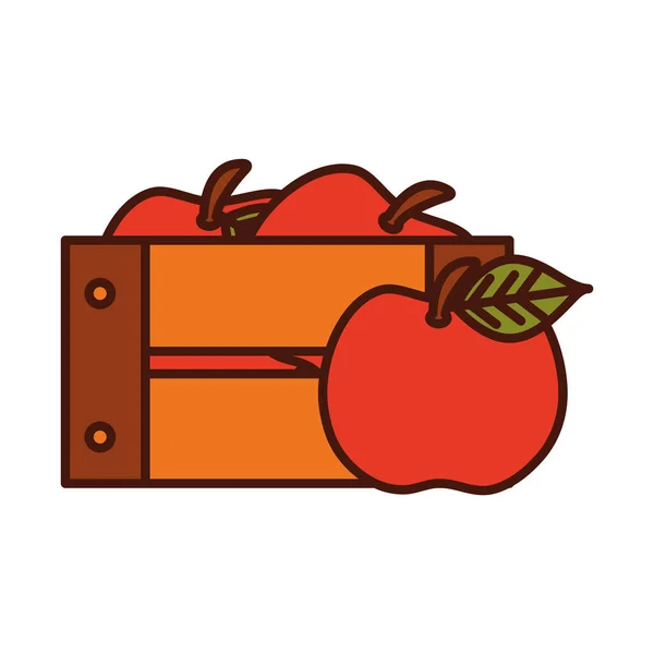 Συγκομιδή μήλων φρούτων σε ξύλινη γραμμή καλάθι και να συμπληρώσετε εικονίδιο — Διανυσματικό Αρχείο
