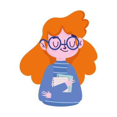 Okul, kız öğrenci karikatürü ve izole tasarım.