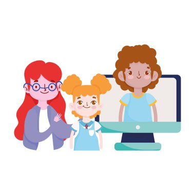 Mutlu öğretmenler günü, öğretmen öğrenciler kız çocuklar online bilgisayar sınıfı