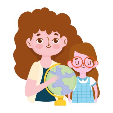 Mutlu öğretmenler günü, esmer öğretmen ve okul küresi olan kız öğrenci.