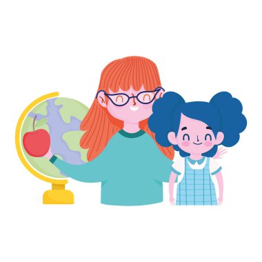 Mutlu öğretmenler günü, öğretmen ve öğrenci kız okul haritası ve elma