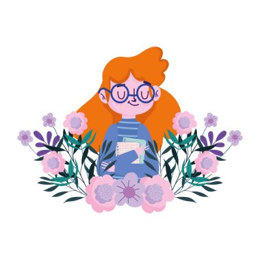 Mutlu öğretmenler günü, elinde kağıtlar ve çiçek süslemesi olan bayan öğretmen.