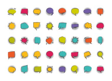 Pop art retro çizgi roman boş konuşma baloncukları, yarım ton biçiminde düz simgeler