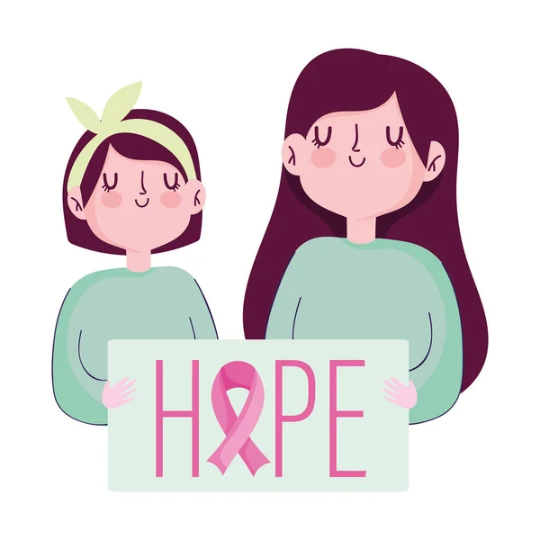 Brustkrebs-Aufklärungsmonat: Frau und Mädchen hoffen auf Plakat — Stockvektor