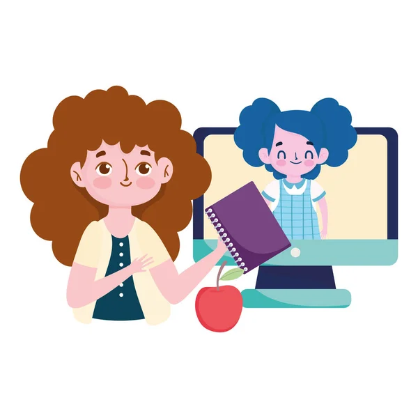 Szczęśliwy nauczyciel dzień, nauczyciel i student dziewczyna komputer online uczyć — Wektor stockowy