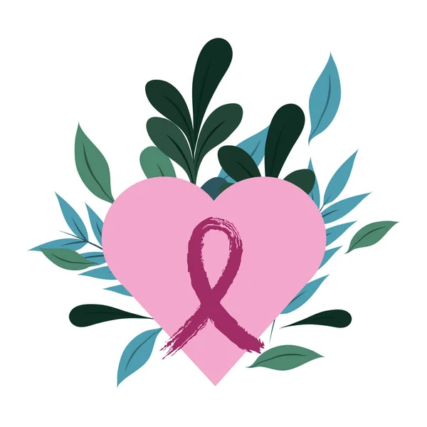 Kesadaran kanker payudara hati merah muda cinta pita daun desain dedaunan - Stok Vektor