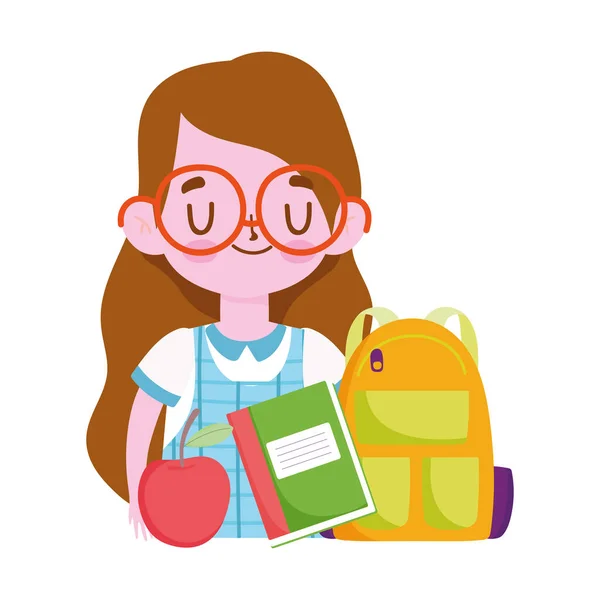 Fröhlicher Lehrertag, Schülermädchen mit Taschennotizbuch und Apfelkarikatur — Stockvektor