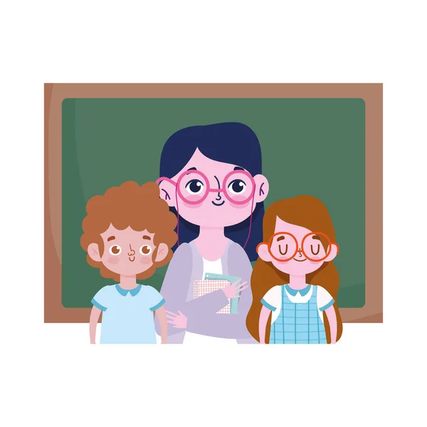 Happy teachers day, teacher and cute boy girl student with blackboard school — Stock Vector