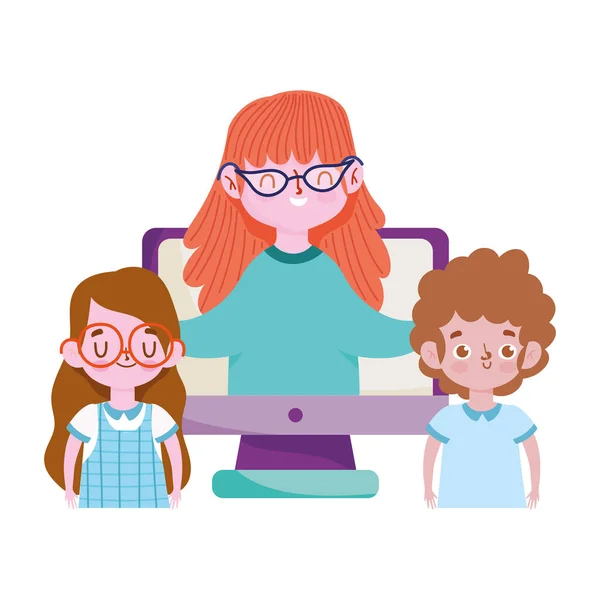 Счастливый день учителя, учитель и ученица девочки компьютерный онлайн-класс — стоковый вектор