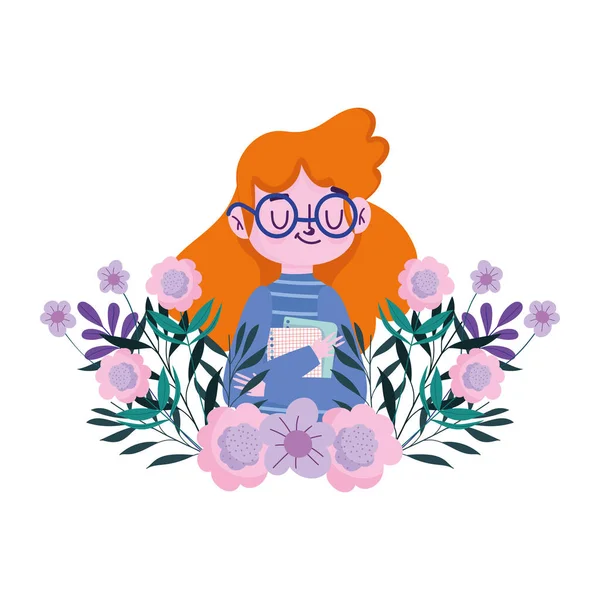 Mutlu öğretmenler günü, elinde kağıtlar ve çiçek süslemesi olan bayan öğretmen.