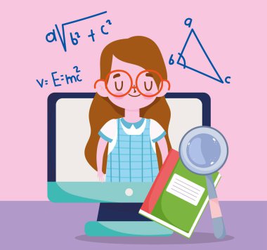 Mutlu öğretmenler günü, öğrenci kız bilgisayar kitabı ve büyüteç