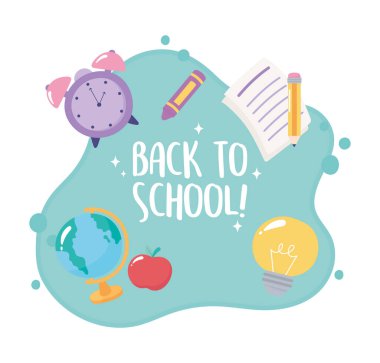 Okula dönüş, küresel harita saat, kağıt kalem, ilköğretim posteri.