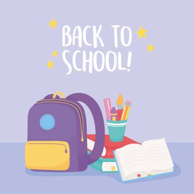 Okula dönüş, sırt çantası, açık kitap kalemleri ve ilköğretim karikatüründe boya kalemi.