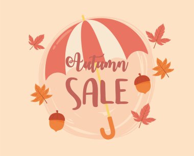 Sonbahar indirimi, indirimli akçaağaç yaprakları ve şemsiye arka planı.