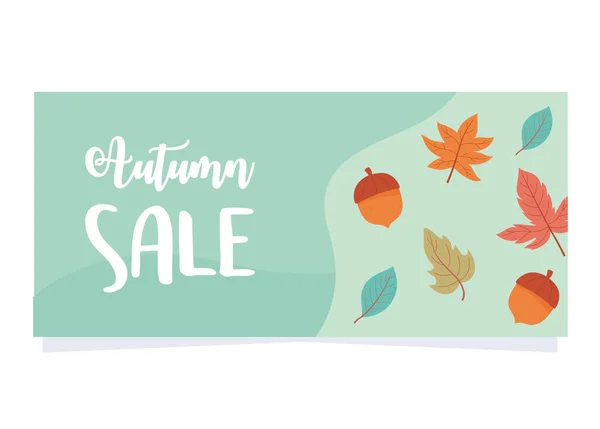Herbstverkauf, Eicheln und Ahornblätter grüner Hintergrund, Shopping-Verkauf oder Promo-Banner — Stockvektor