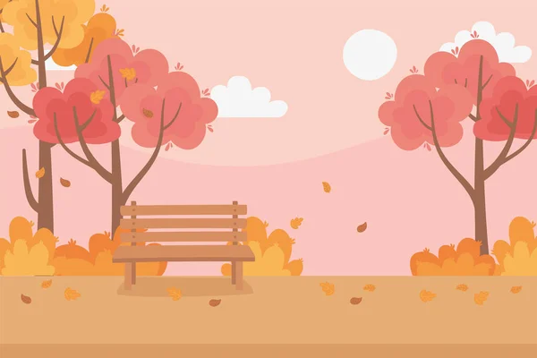 Пейзаж в осенней сцене, осенью листья деревьев луга природный парк скамейки — стоковый вектор
