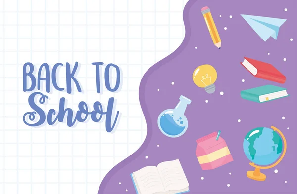 Torna a scuola, istruzione elementare cartoni animati forniture chimica flacone libro matita carta aereo — Vettoriale Stock
