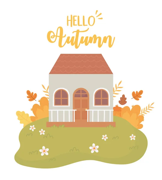 Hello autumn nature scene, house leaves bush flowers landscape cartoon — стоковый вектор